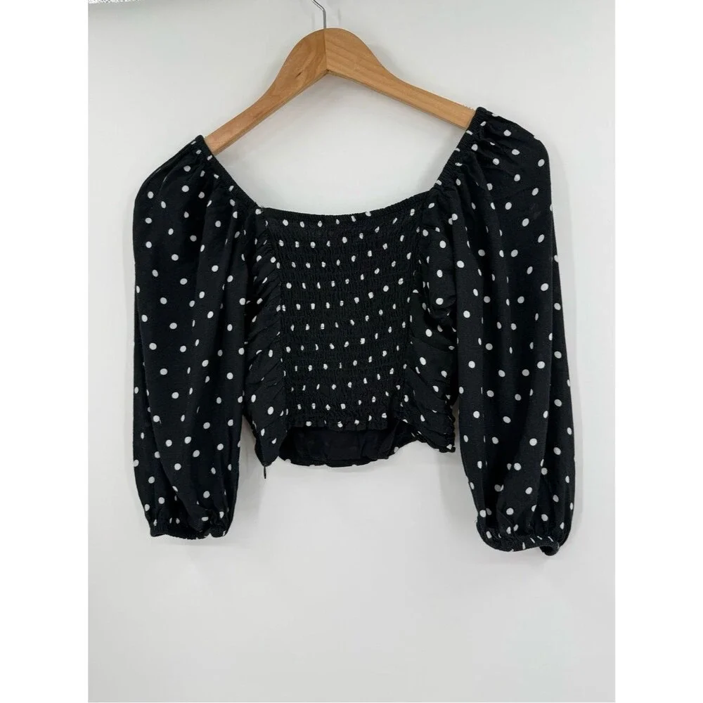 Zara Ruched Puff Sleeve  Polka Dot Crop Top | Black / White | Small